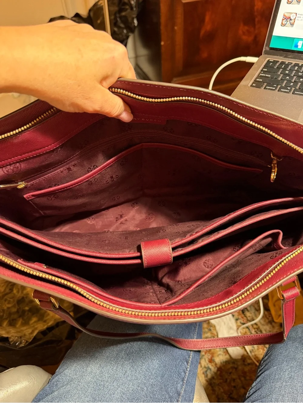 Tory Burch Classic Emerson Saffiano Leather Tote Burgundy Imperial Merlot